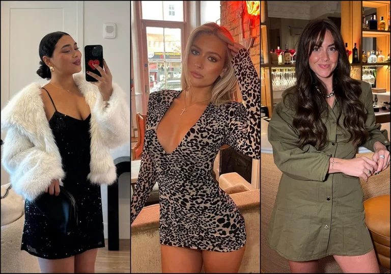 Three women wearing cute bar outfits: one in a black sequin mini dress with a white fur jacket, one in a deep V leopard print mini dress, and one in an olive green shirt dress standing at a bar.