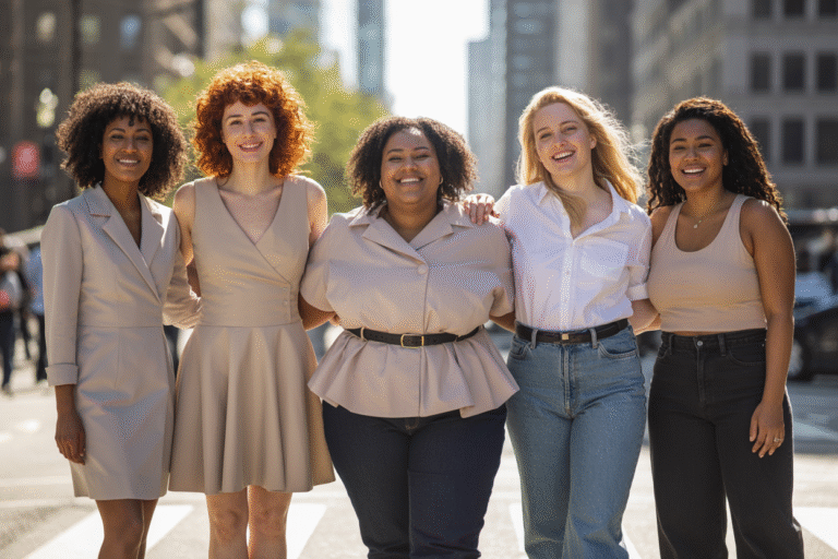 Five diverse women standing confidently in the city, each representing a different body shape and wearing outfits that flatter their figures.