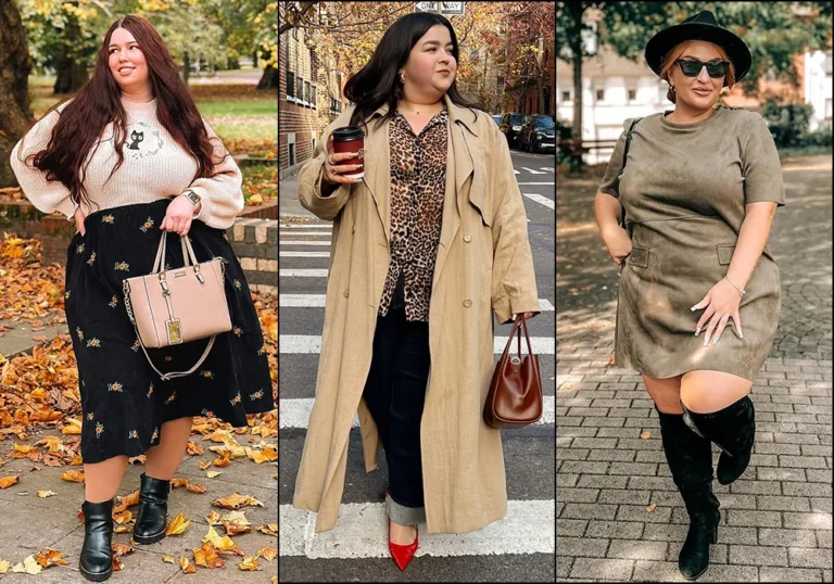 Three plus-size women wearing stylish fall outfits: the first in a white sweater with a cat graphic and black floral skirt, holding a beige handbag in a park with fallen leaves; the second in a leopard print blouse, long tan trench coat, dark jeans, and red shoes, holding a coffee cup on a city street; the third in an olive green suede dress with black over-the-knee boots, accessorized with a hat and sunglasses, posing confidently in a park setting.
